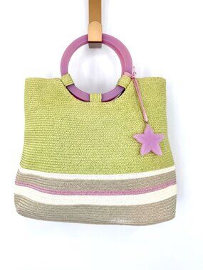 LIZ CLAIBORNE GREEN PURPLE GRAY WHITE STRAW PURSE W/ RING HANDLES & STARFISH CHA